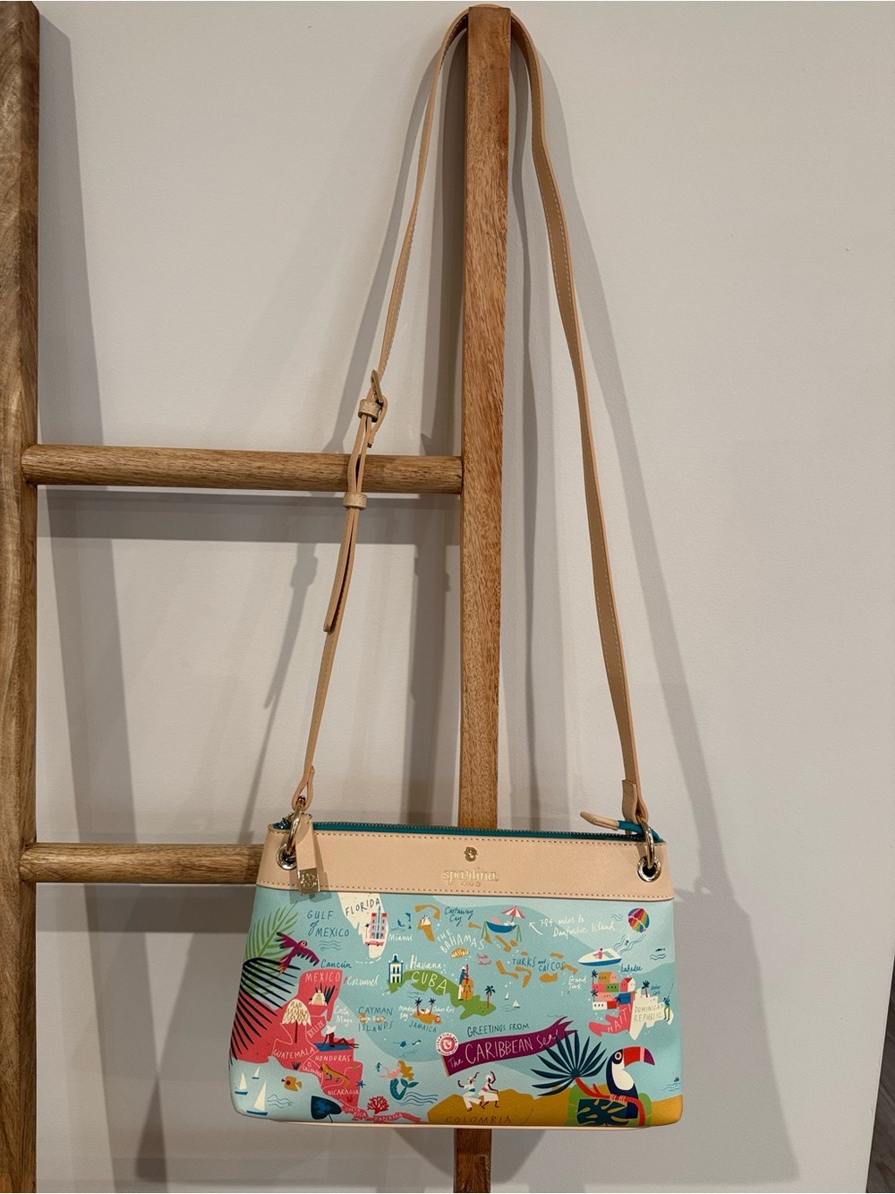 Spartina 449 Caribbean Map Crossbody in Mint, Tan & Multicolor - Picture 2 of 6